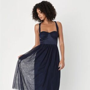 NWT- Twirling For You Navy Blue Lace-Up Bustier Tulle Midi Dress - Medium